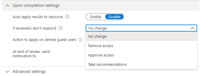 Screenshot che mostra le impostazioni al completamento per l'applicazione automatica e le scelte non devono rispondere al revisore.