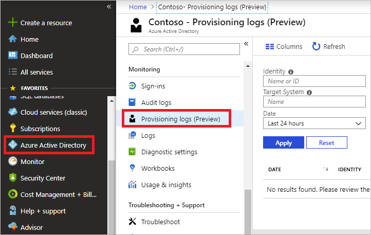 Screenshot that shows selections for accessing provisioning logs.