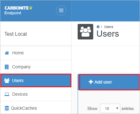 Screenshot shows the Carbonite Endpoint page with Users and Add users selected.