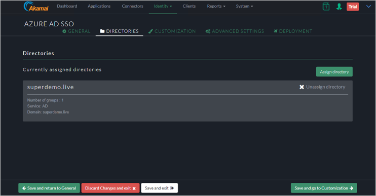 Screenshot della scheda Directories della console Akamai EAA per Microsoft Entra SSO, che mostra superdemo.live nell'elenco Currently assigned directories.