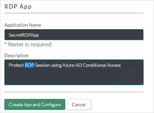 Screenshot di una finestra di dialogo RDP App che mostra le impostazioni per Application Name e Description.