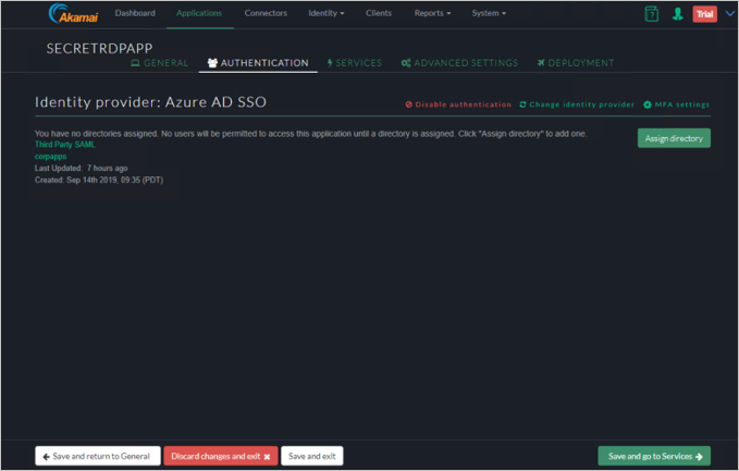 Screenshot della scheda Authentication della console Akamai EAA per SECRETRDPAPP che mostra il pulsante Save and go to Services in basso a destra.