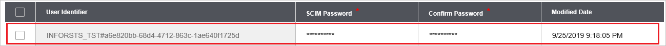 Screenshot della console di amministrazione di Infor CloudSuite con una riga di tabella evidenziata. Questa riga contiene un identificatore utente, le password e un timestamp.