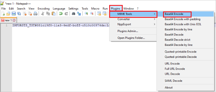 Screenshot di un documento nel Blocco note++. Nel menu Plugins è evidenziata l'opzione MIME tools. Nel menu MIME tools è evidenziata l'opzione Base64 encode.