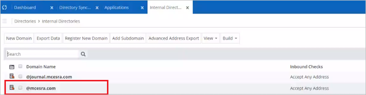 Screenshot shows Mimecast window with Internal Directories selected.