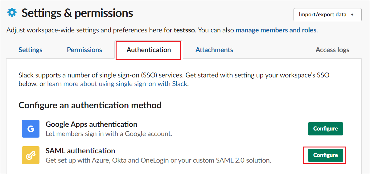 Screenshot di Configure Single Sign-On Team Settings (Configura l'accesso Single Sign-On In Team Settings).