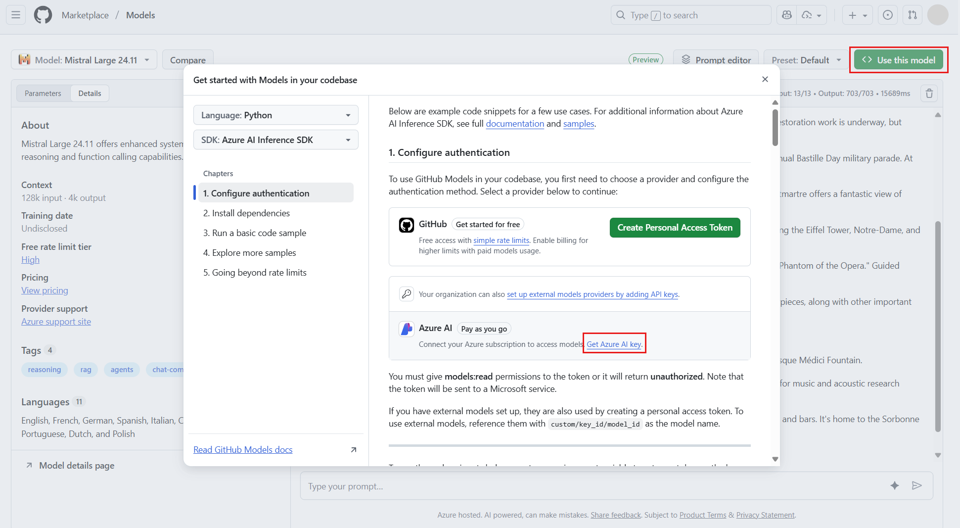 Screenshot che mostra come ottenere la chiave di produzione di Azure AI dal playground di un modello GitHub.
