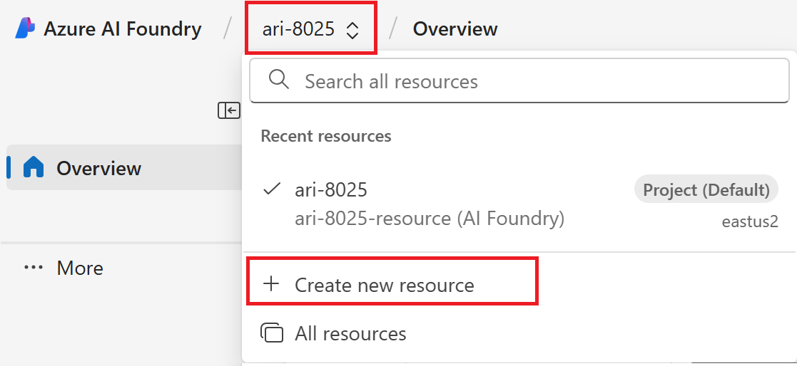 Screenshot che mostra la creazione di un nuovo progetto da un breadcrumb.