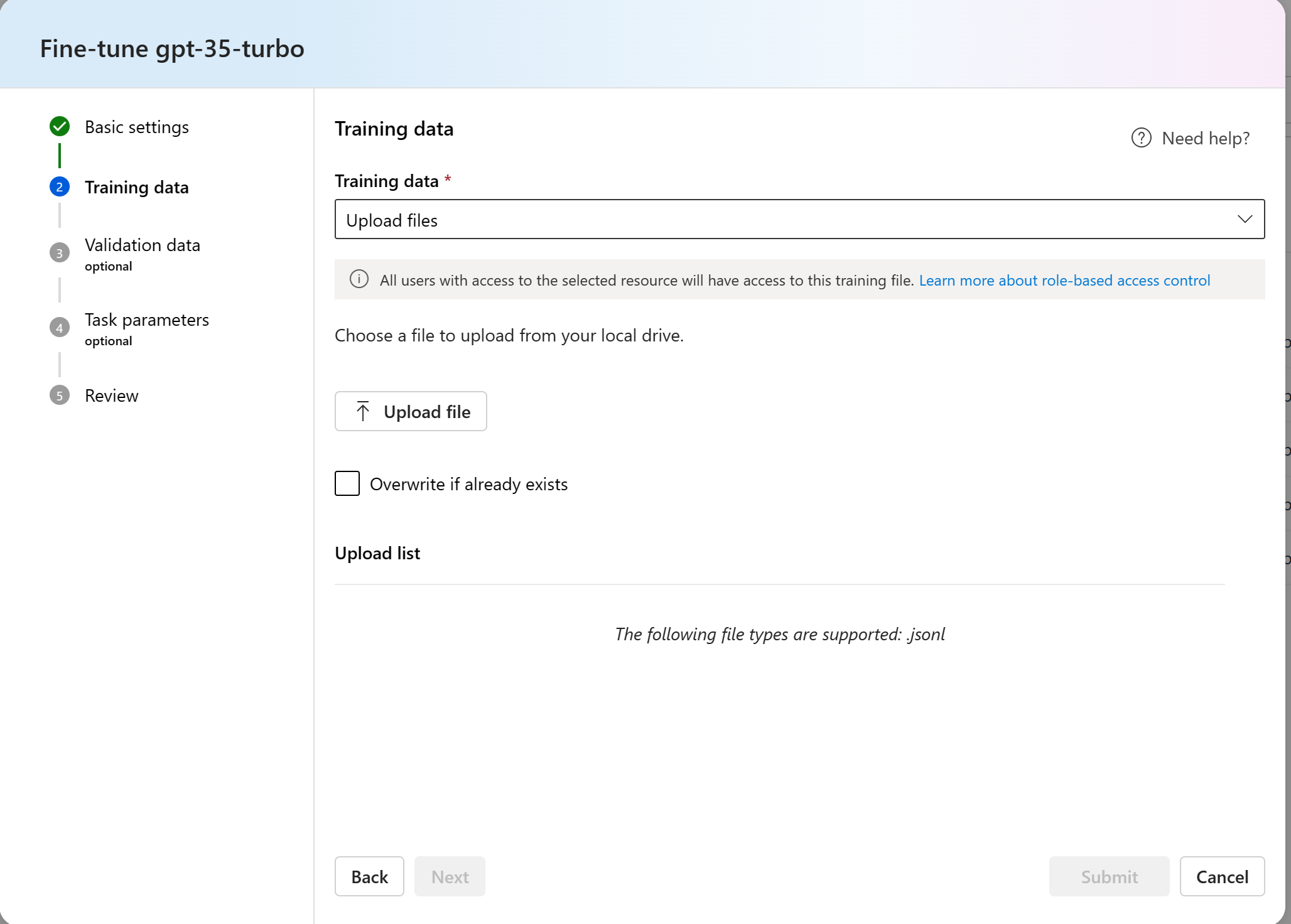Screenshot del riquadro Dati di training per la procedura guidata Ottimizzare il modello nel portale Fonderia.