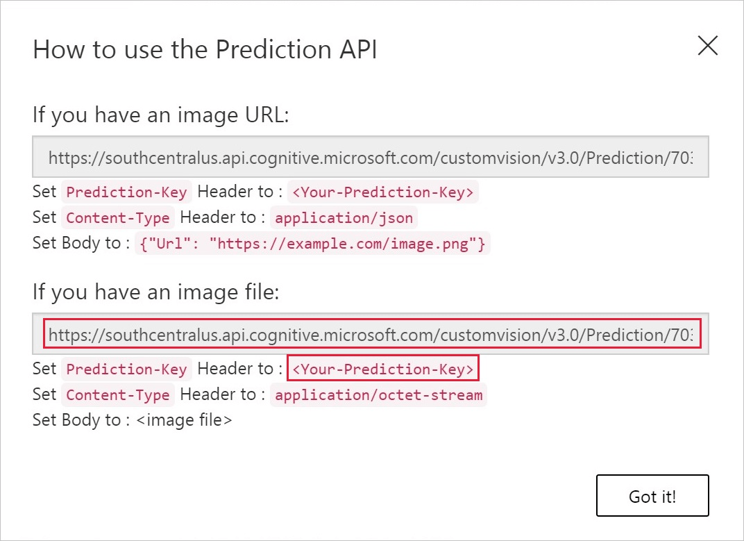 La scheda prestazioni viene visualizzata con un rettangolo rosso che circonda il valore dell'URL di stima per l'uso di un file di immagine e il valore Prediction-Key.