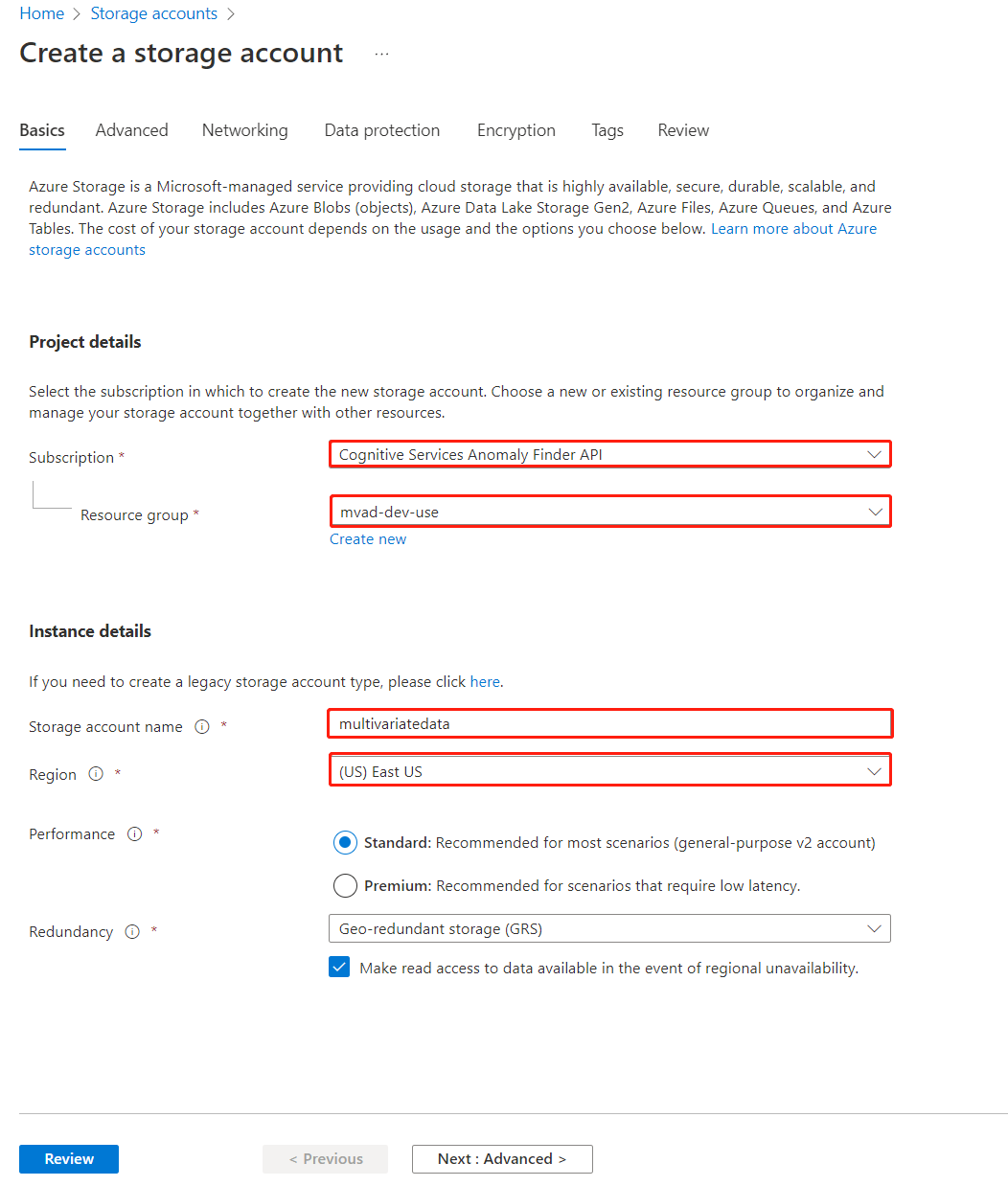 Screenshot of Azure Storage account setup page.