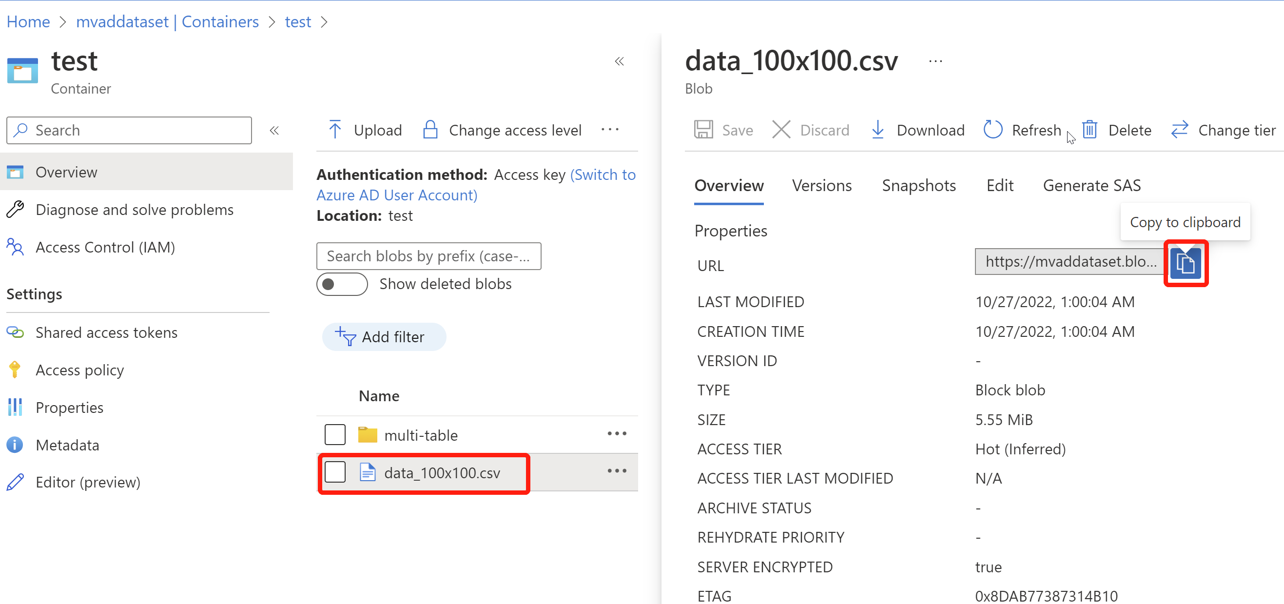 Screenshot of copy blob url for one table.