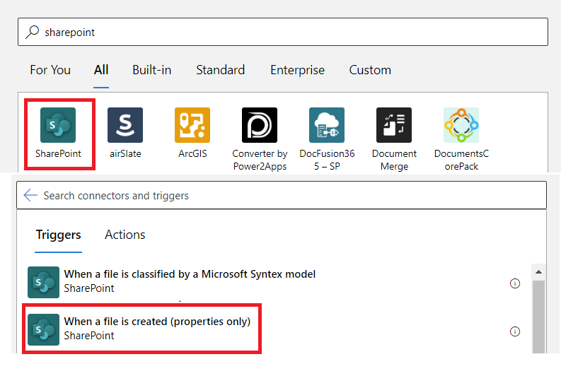 Screenshot della pagina di selezione del connettore e del trigger di SharePoint.