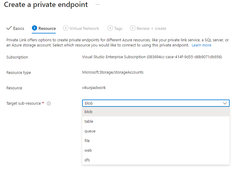 Screenshot che mostra come configurare un endpoint privato per un BLOB.
