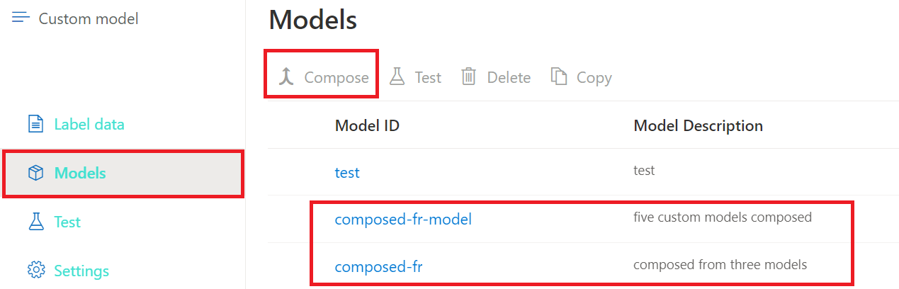 Screenshot dell'elenco di modelli personalizzati composti in Document Intelligence Studio.