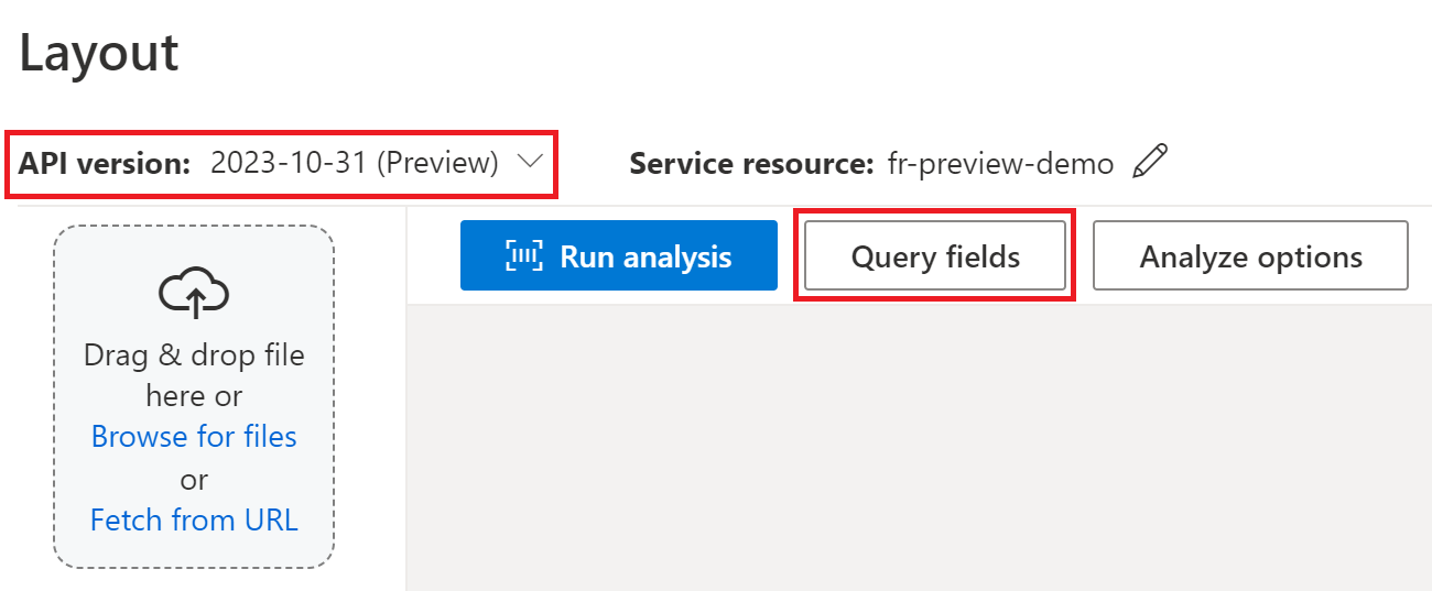 Screenshot del pulsante campi di query in Document Intelligence Studio.