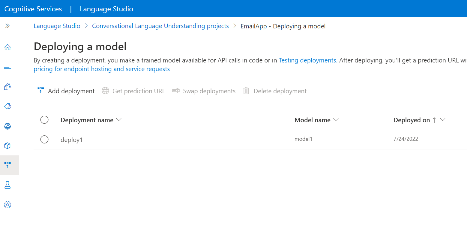A screenshot showing the model deployment button in Language Studio.