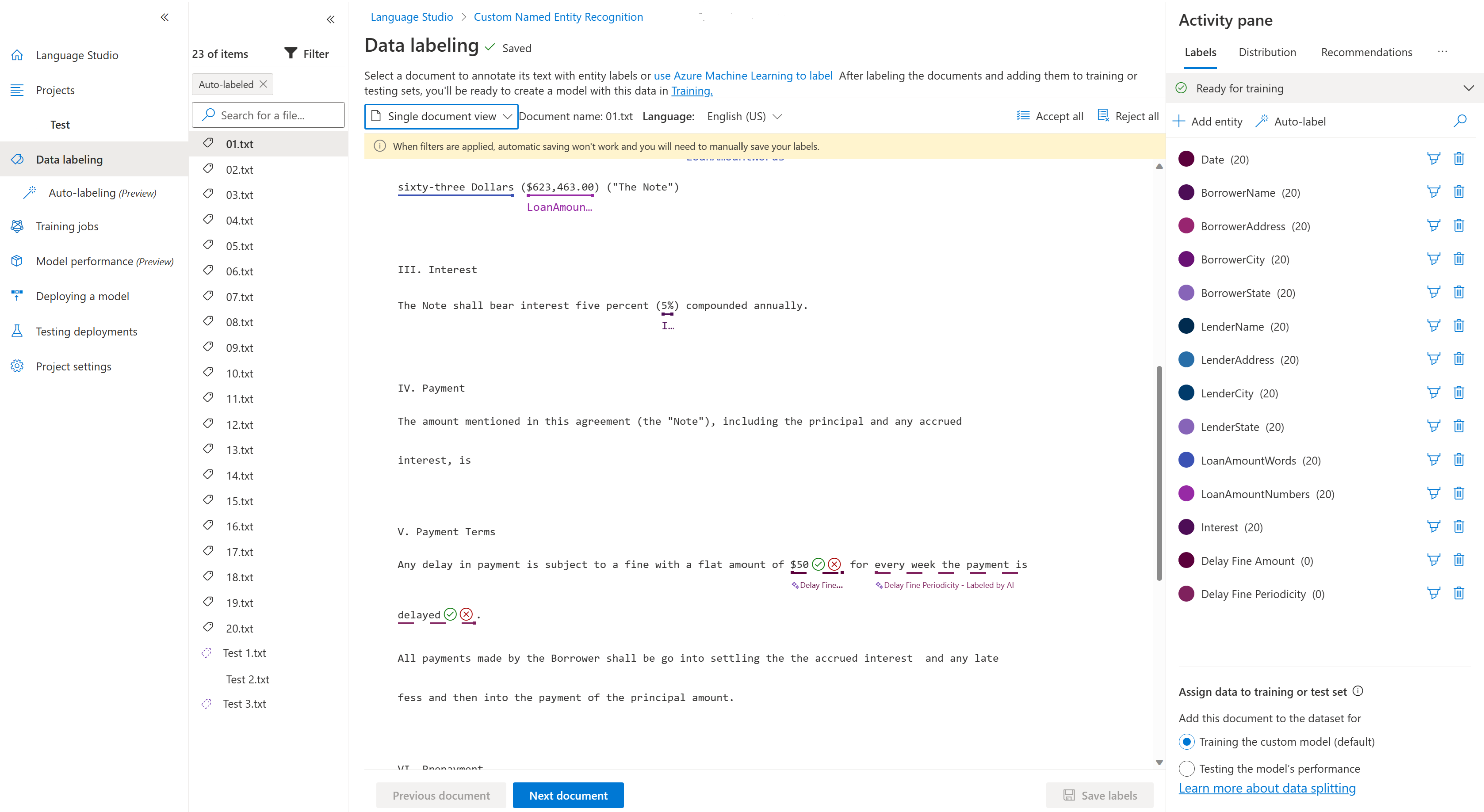Screenshot che mostra come accettare e rifiutare entità con etichettatura automatica.