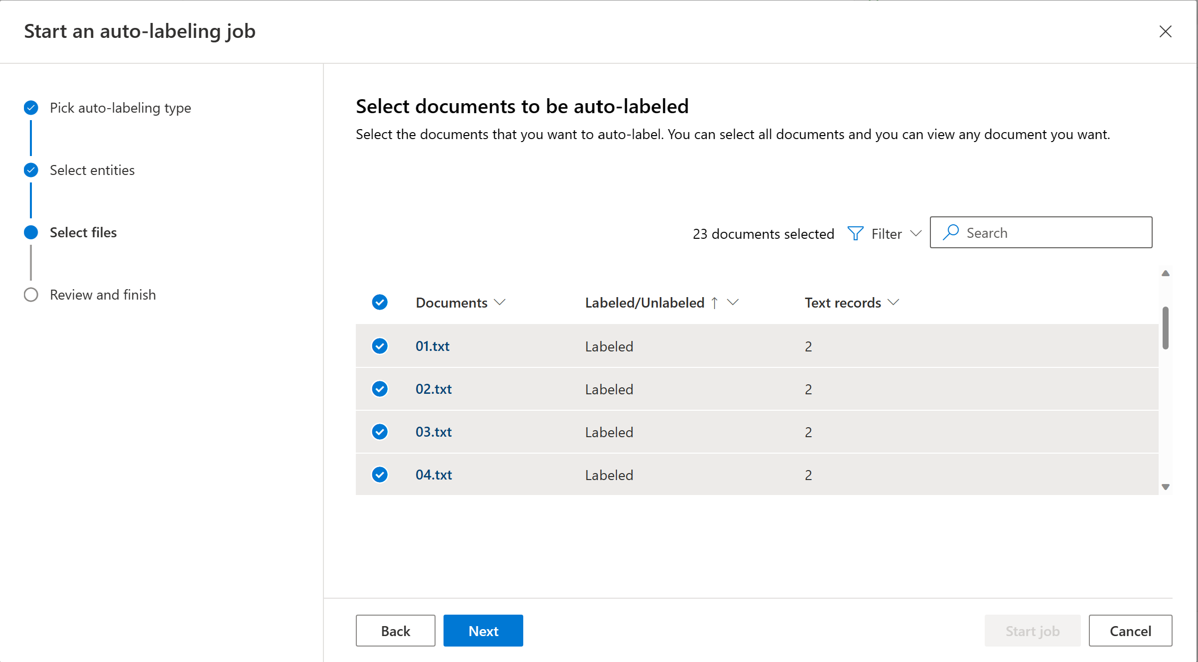 Screenshot che mostra quali documenti includere nel processo di autotag.