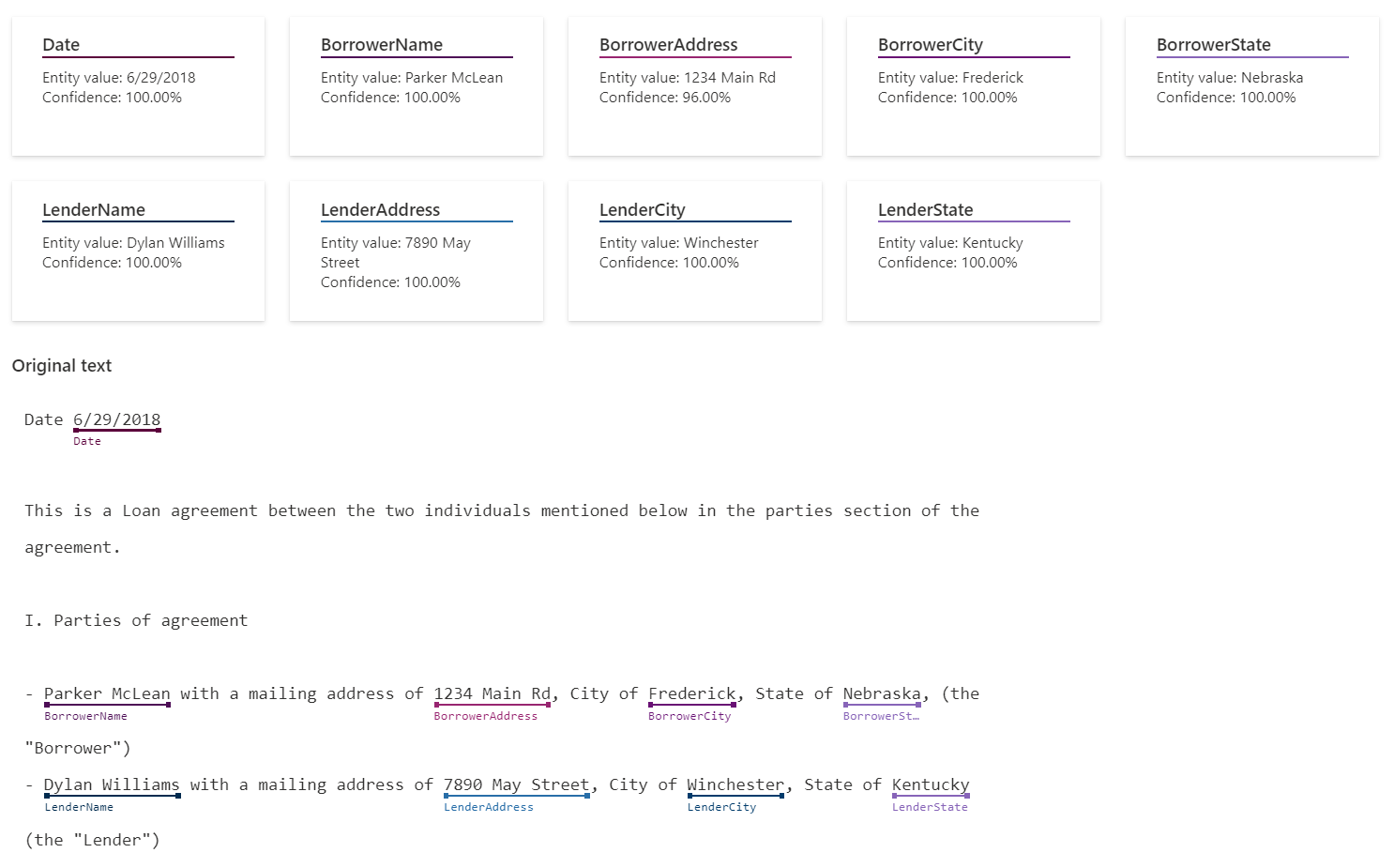 Screenshot di un esempio di NER personalizzato.