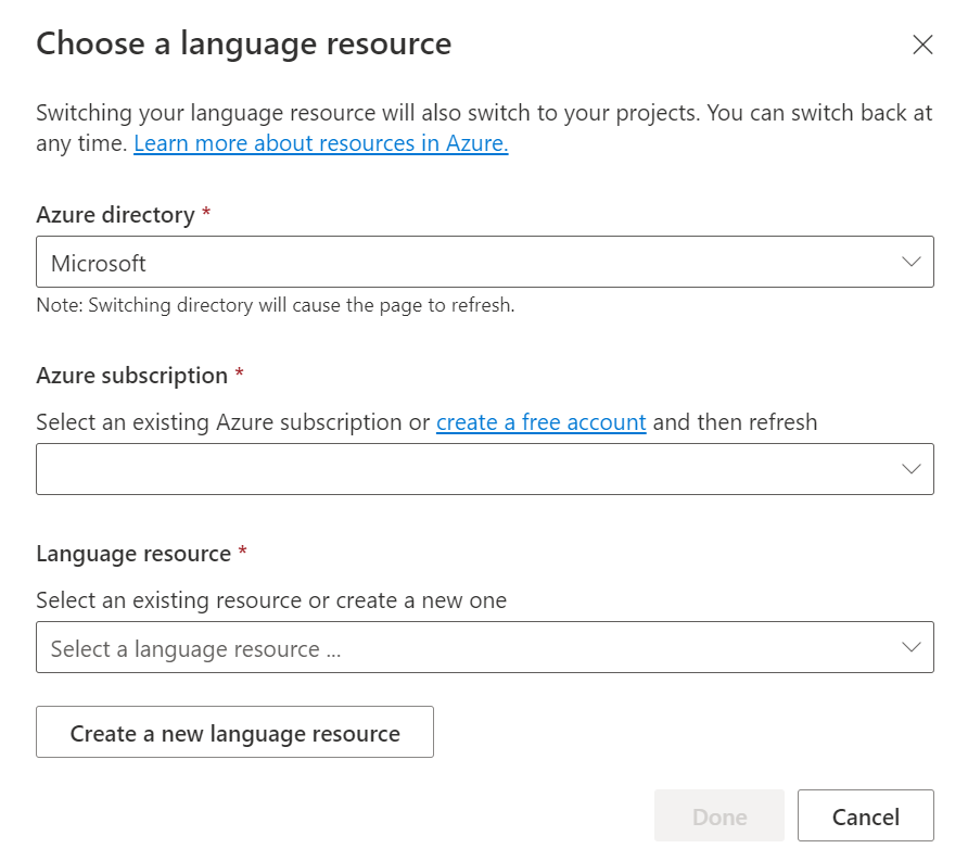 Screenshot che mostra la schermata di selezione delle risorse in Language Studio.