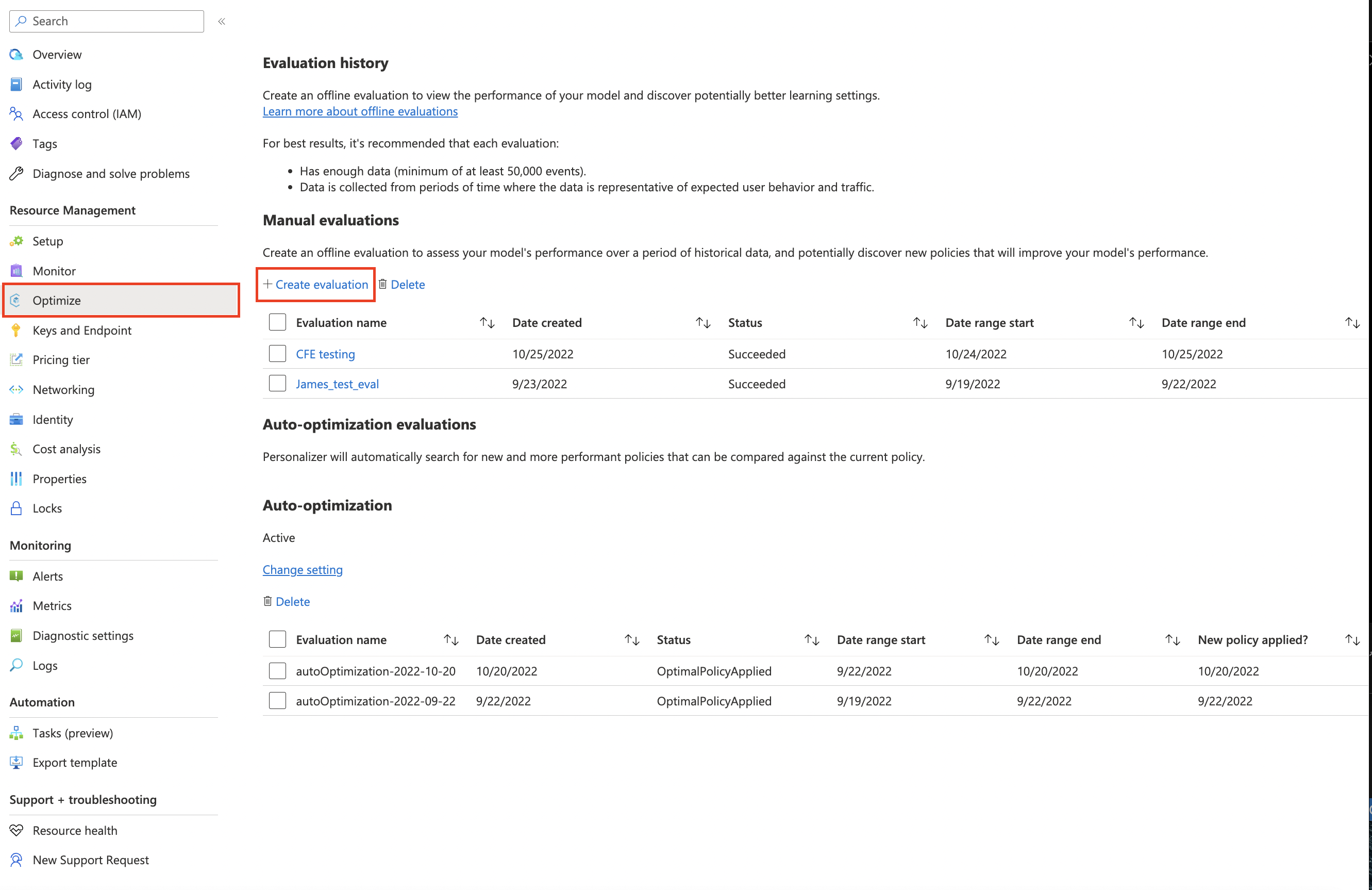 In Azure portale passare alla sezione Valutazioni e selezionare Crea valutazione.