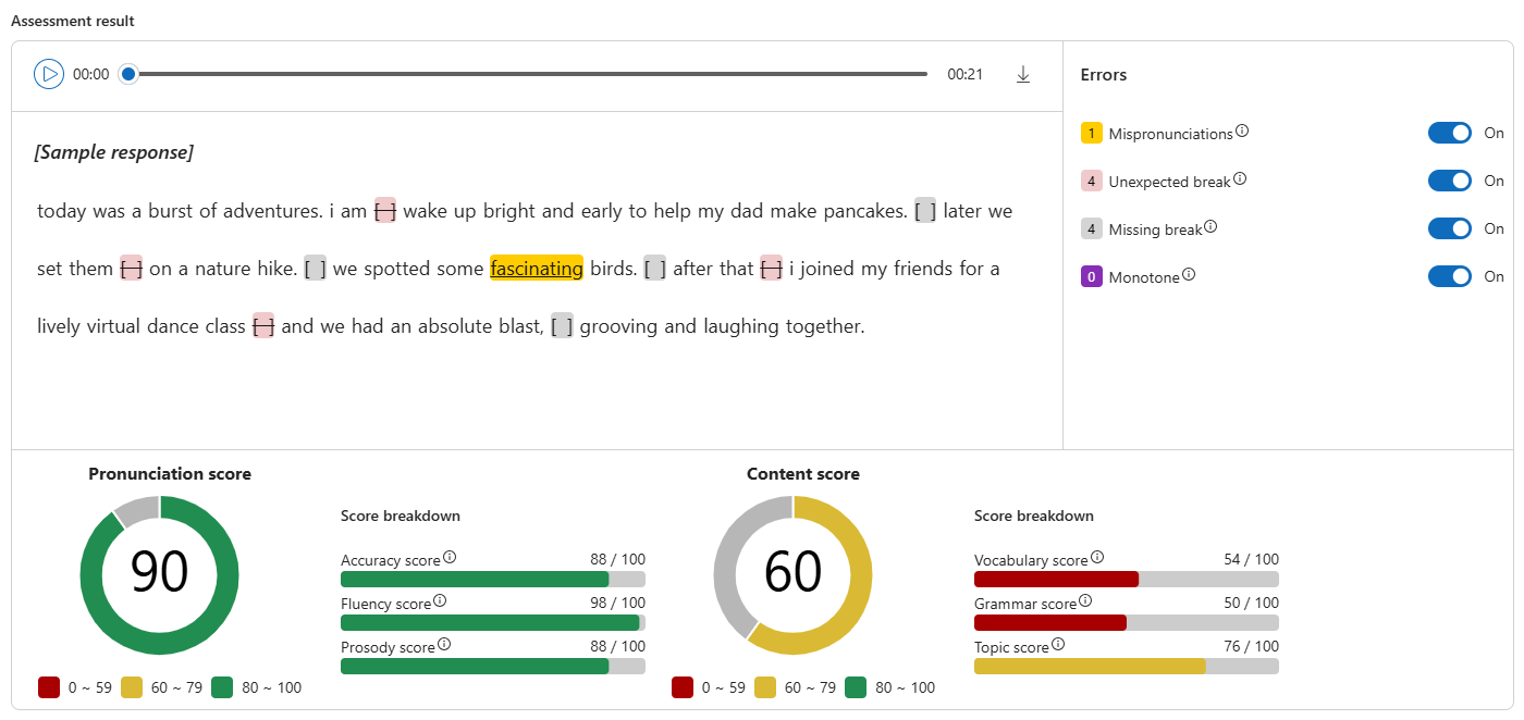 Screenshot che mostra il risultato della valutazione nella finestra di visualizzazione, che include trascrizioni e feedback sul parlato.