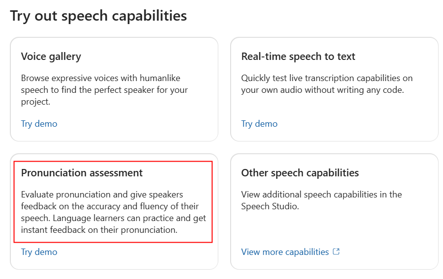 Screenshot di come passare a Valutazione della pronuncia in Studio AI.