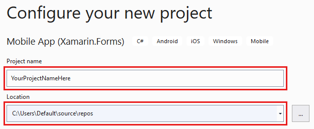 Screenshot che mostra come configurare il nuovo progetto in Visual Studio.