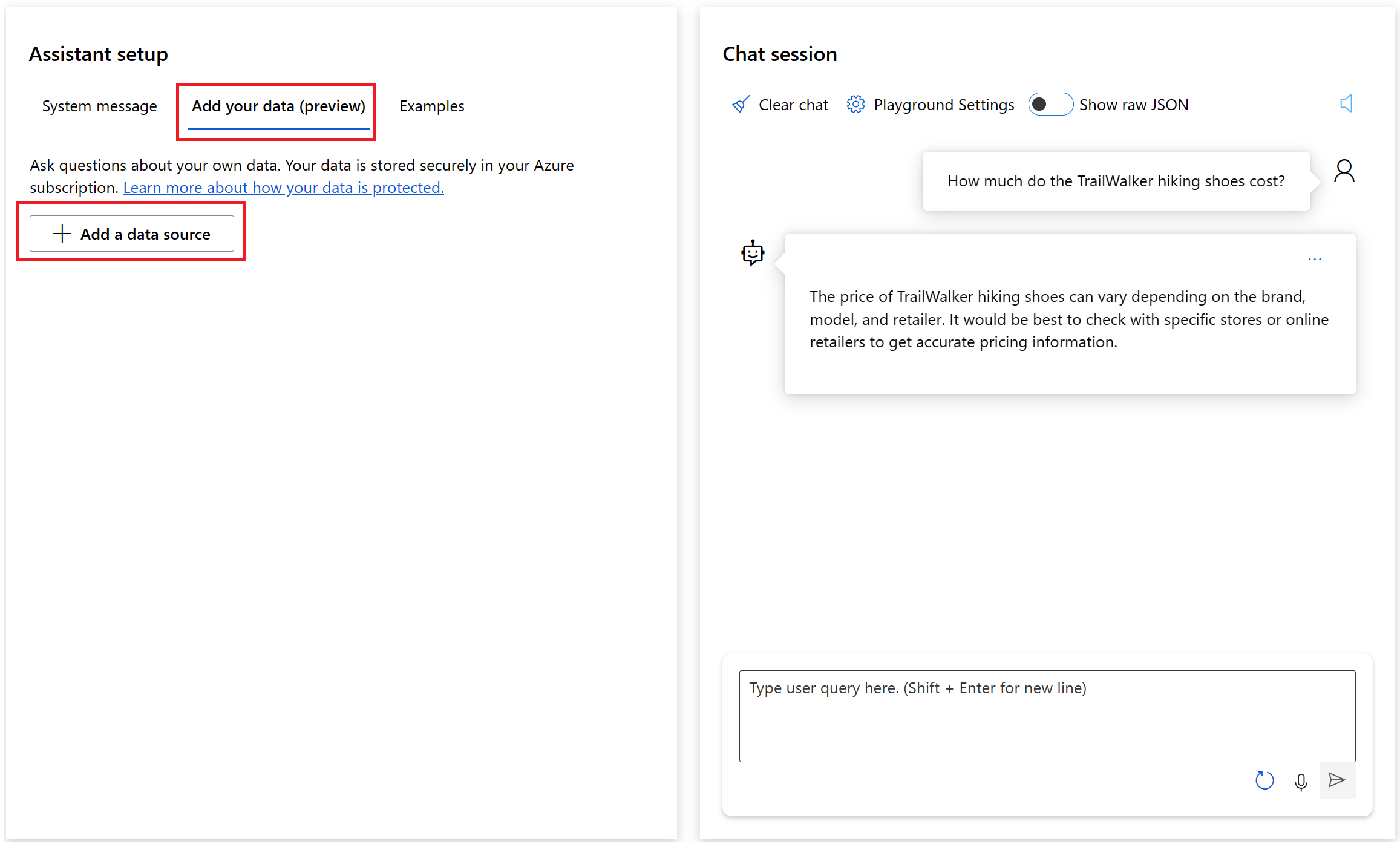 Screenshot del playground della chat con l'opzione per aggiungere un'origine dati visibile.