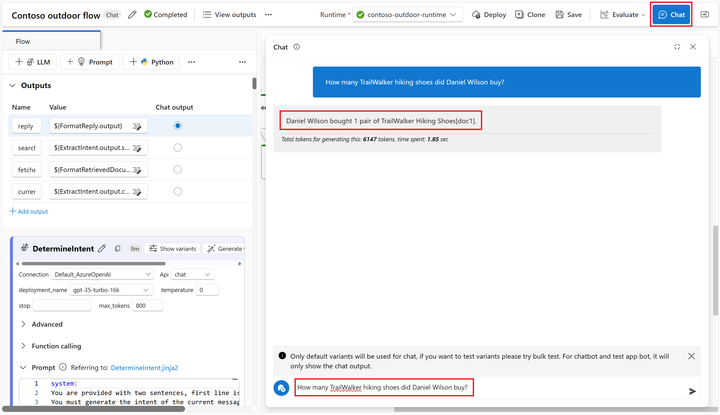 Screenshot della risposta dell'assistente con i dati di base del prodotto e del cliente.