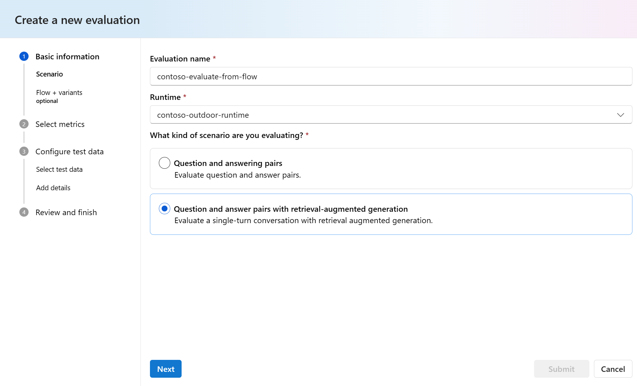 Screenshot della selezione di uno scenario di valutazione.