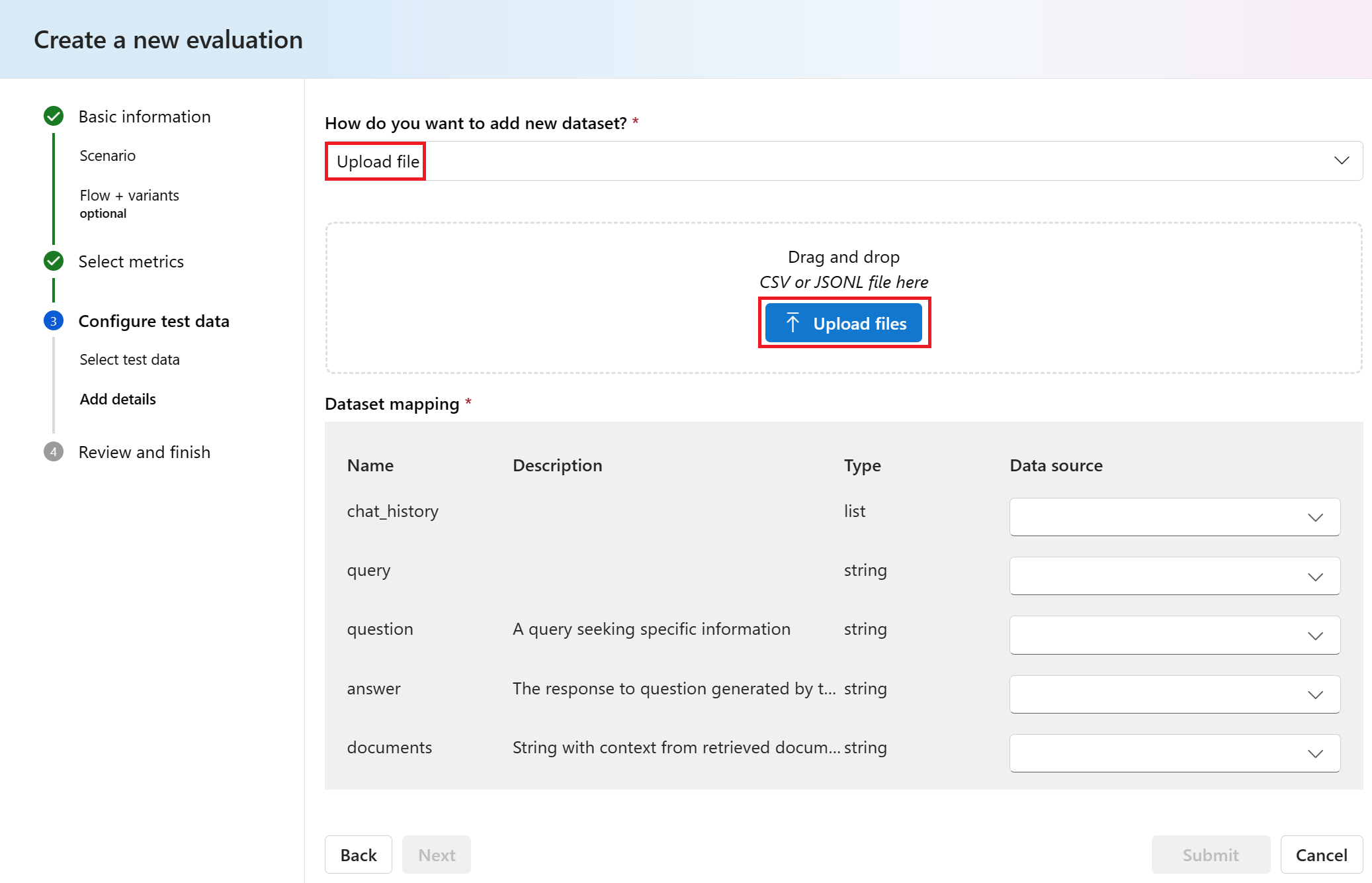 Screenshot del pulsante di caricamento dei file del set di dati.