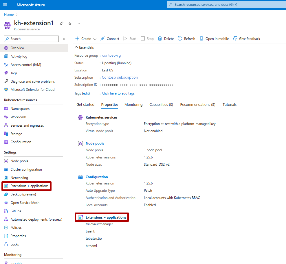 Pagina portale di Azure per il cluster A K S. 'Extensions + Applications' è evidenziato.