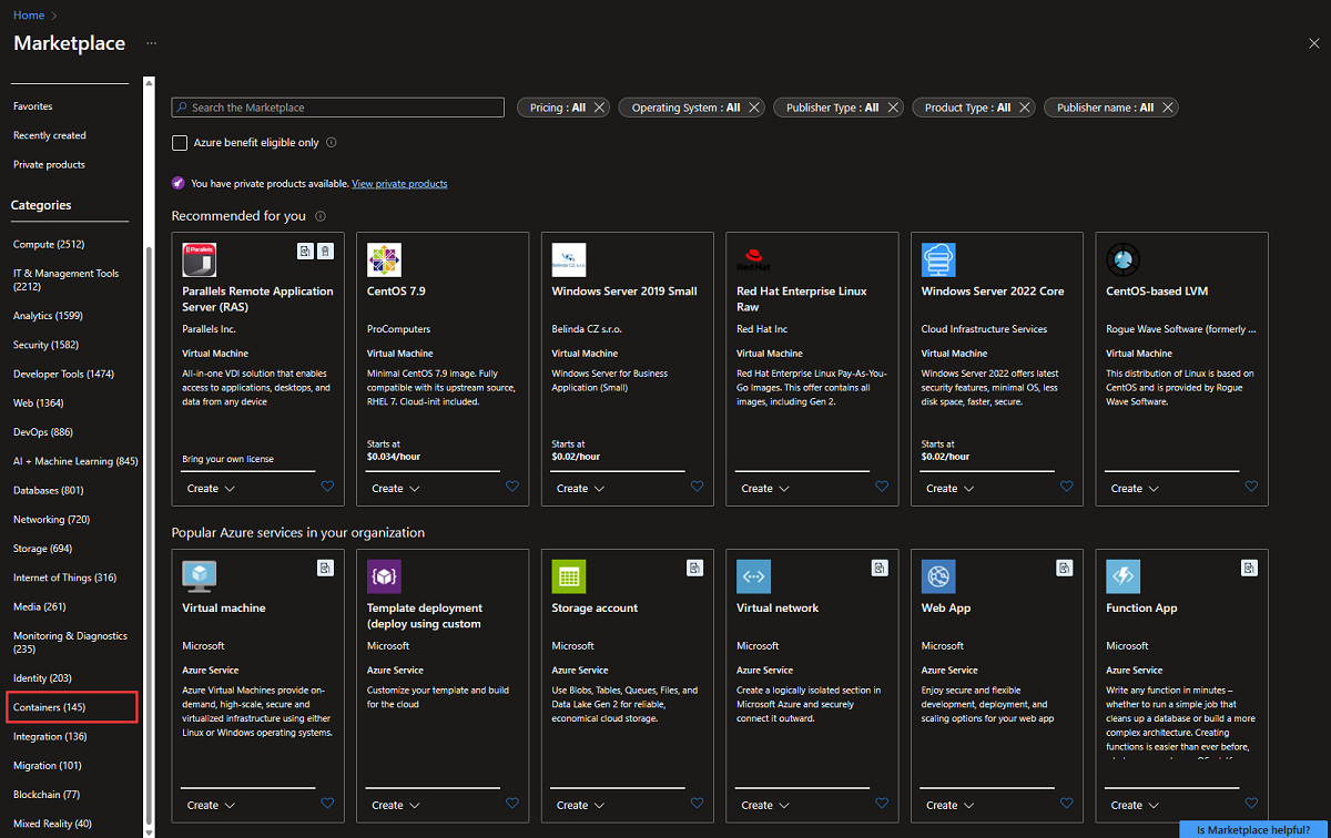 Screenshot delle offerte di Azure Marketplace nella portale di Azure, con la categoria di contenitori sul lato sinistro evidenziata.