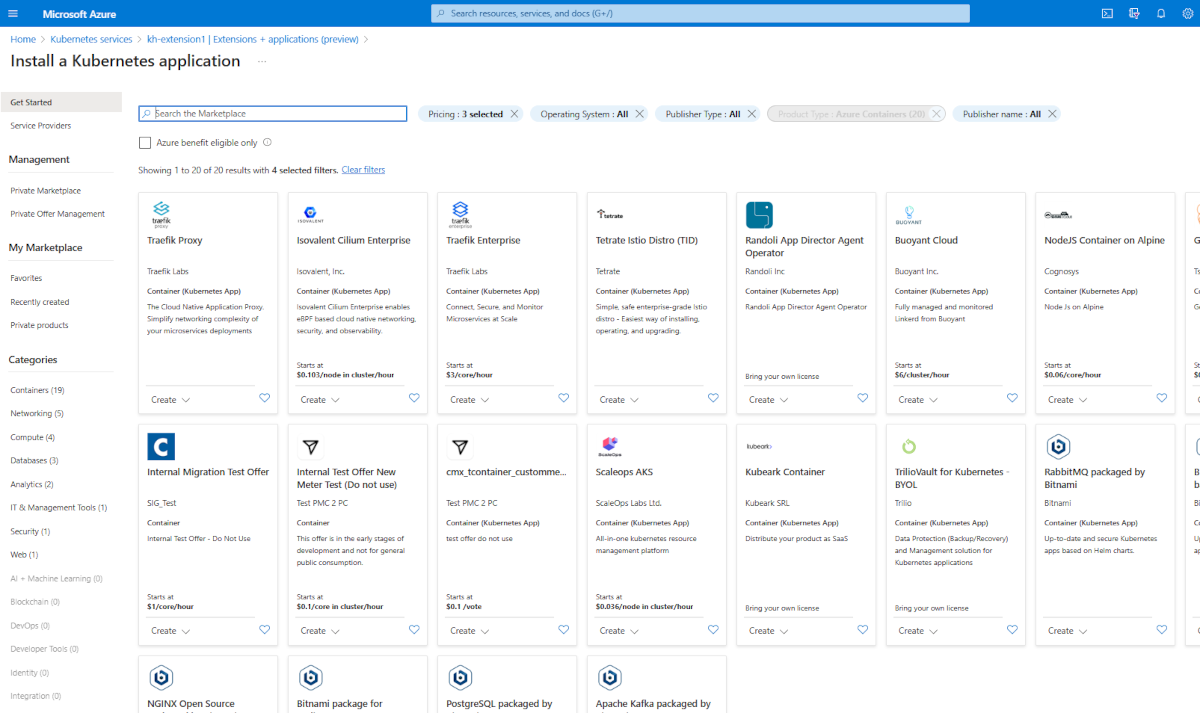 Screenshot delle offerte kubernetes nel portale di Azure.