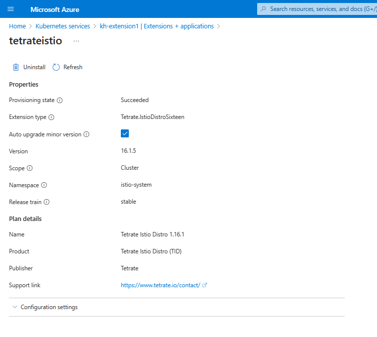 Pagina portale di Azure per le proprietà dell'estensione.