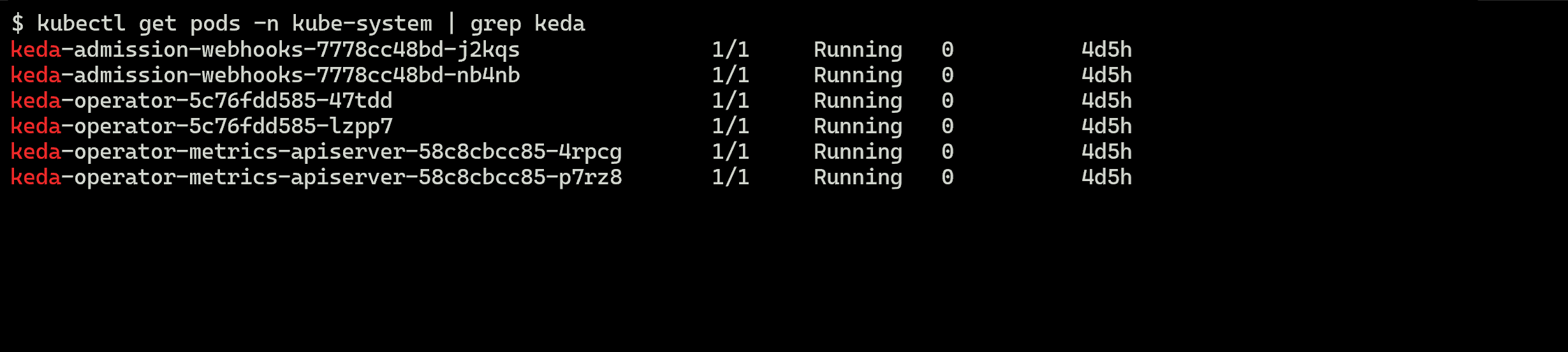 Screenshot che mostra una risposta di esempio dal comando per verificare che i pod dell'operatore KEDA siano in esecuzione.