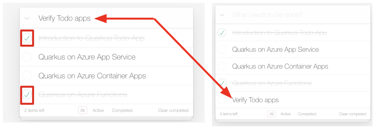 Screenshot dell'app di esempio Todo con i nuovi elementi aggiunti.