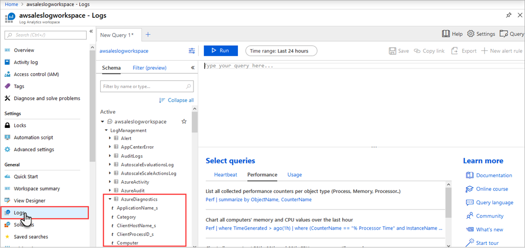 Screenshot che mostra le opzioni di ricerca log nel portale di Azure.