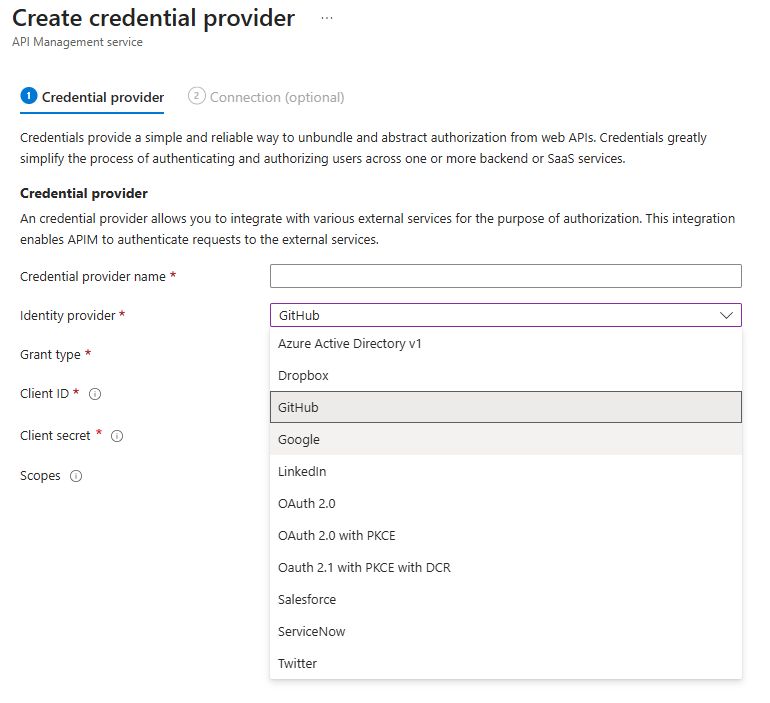 Screenshot dei provider di identità elencati nel portale.