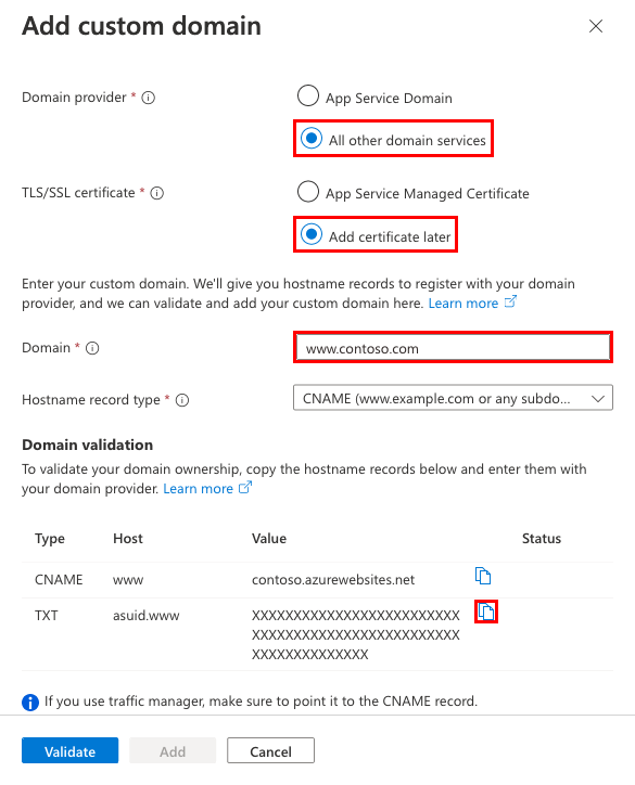 Screenshot che mostra come configurare un nuovo dominio personalizzato, insieme a un certificato gestito.