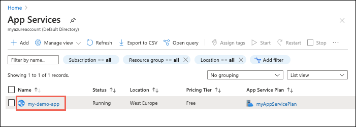 Navigazione del portale verso app Azure