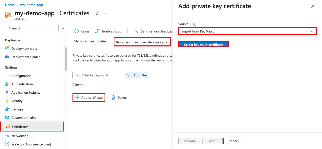 Screenshot della pagina di gestione delle app con l'opzione 'Certificati', 'Bring your own certificates (.pfx)' e 'Import from Key Vault' selezionata