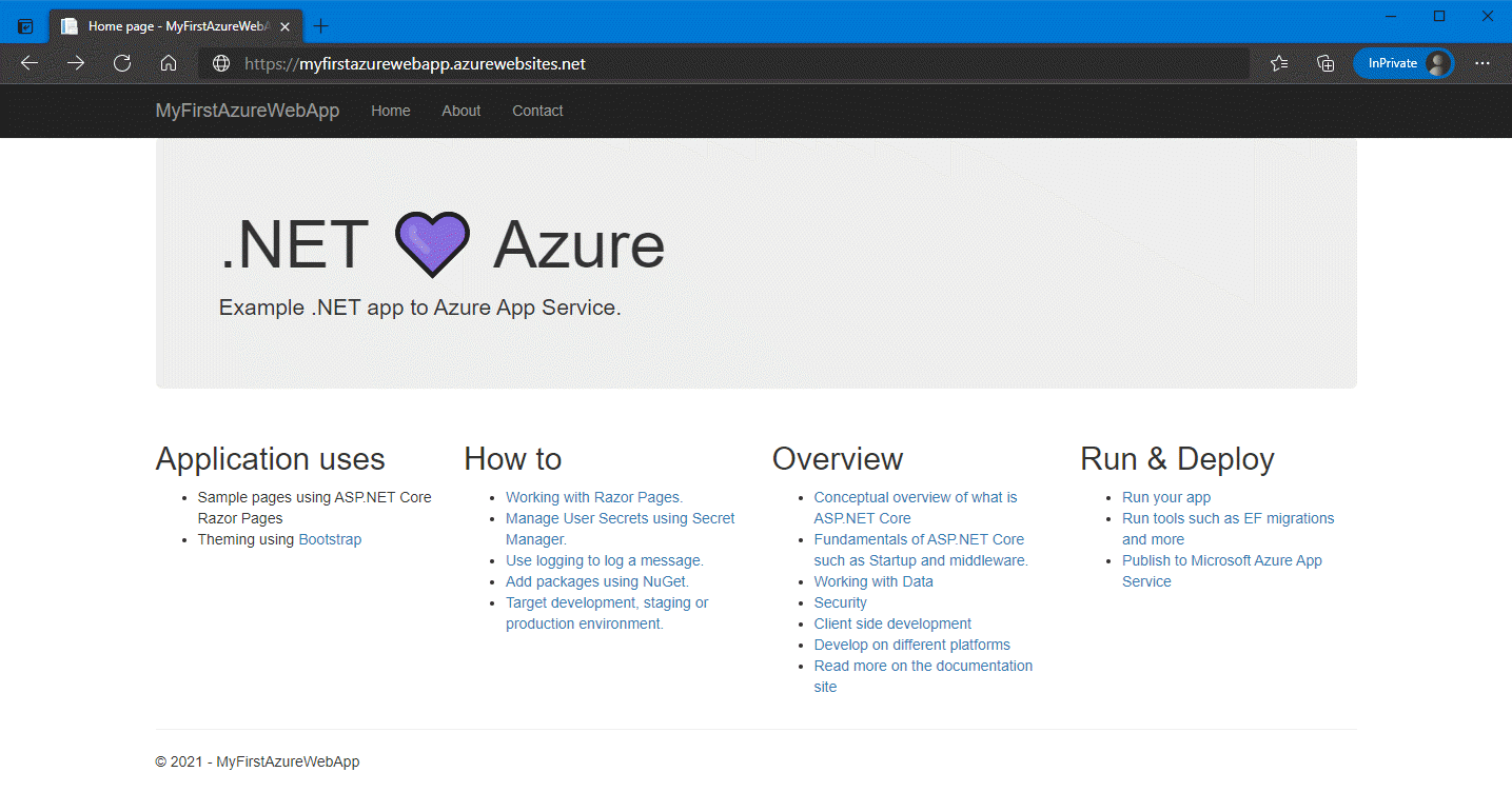 Screenshot dell'interfaccia della riga di comando: aggiornamento ASP.NET'app Web Framework 4.8 in Azure.