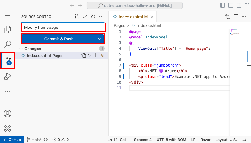 Screenshot di Visual Studio Code nel browser che mostra il pannello Controllo del codice sorgente con un messaggio di commit 'We love Azure' e il pulsante Commit e push evidenziato.