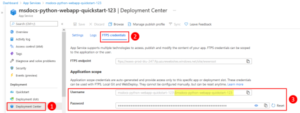 Screenshot che mostra il percorso delle credenziali di distribuzione nel portale di Azure.