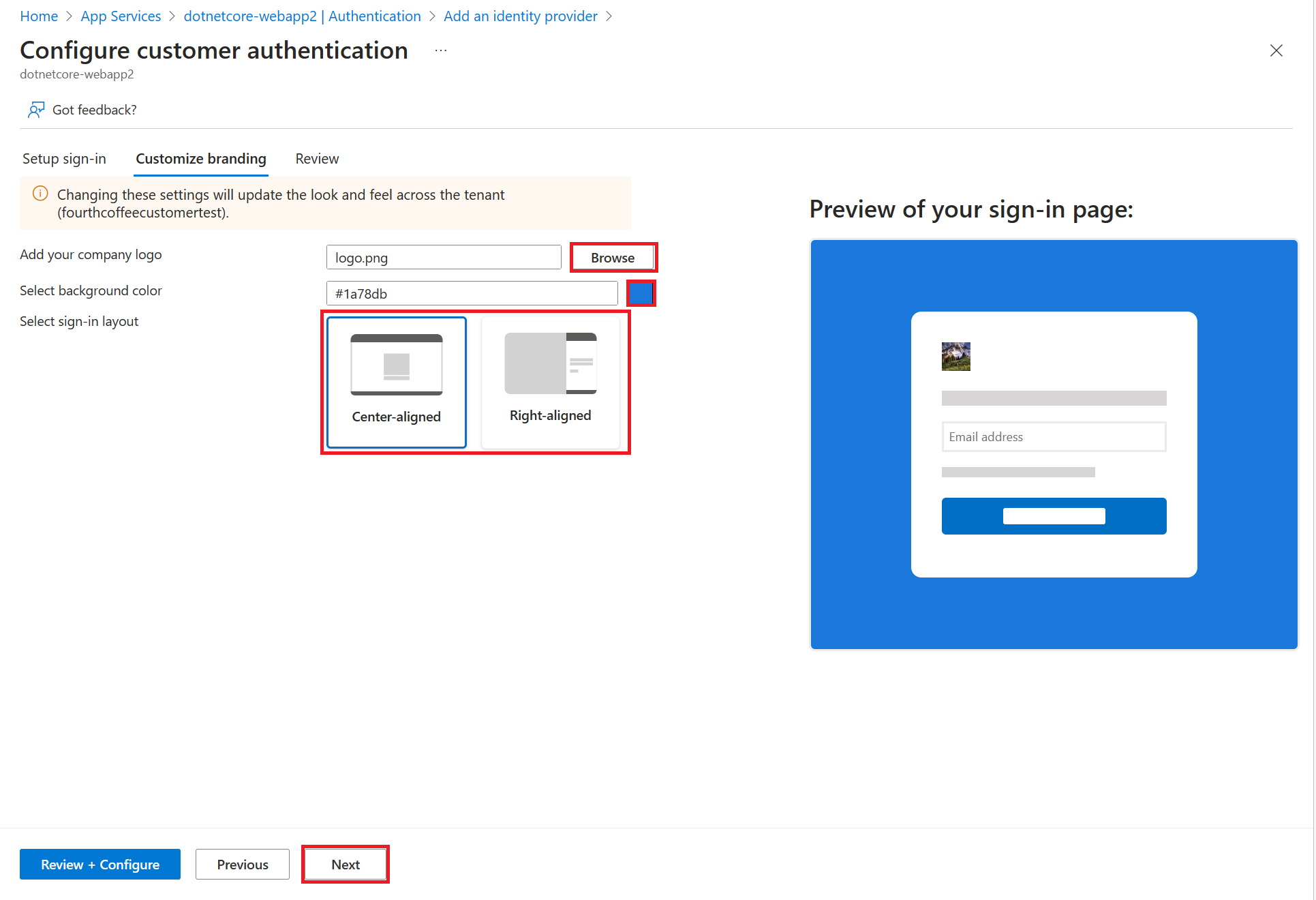 Screenshot che mostra la scheda personalizzazione della personalizzazione.