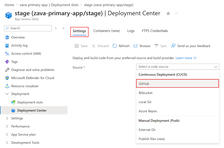 Screenshot che illustra come scegliere l'origine di distribuzione per lo slot di gestione temporanea dell'app web nel portale di Azure.