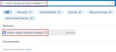 Screenshot che mostra come individuare il servizio app usando la barra degli strumenti di ricerca nella parte superiore del portale di Azure.